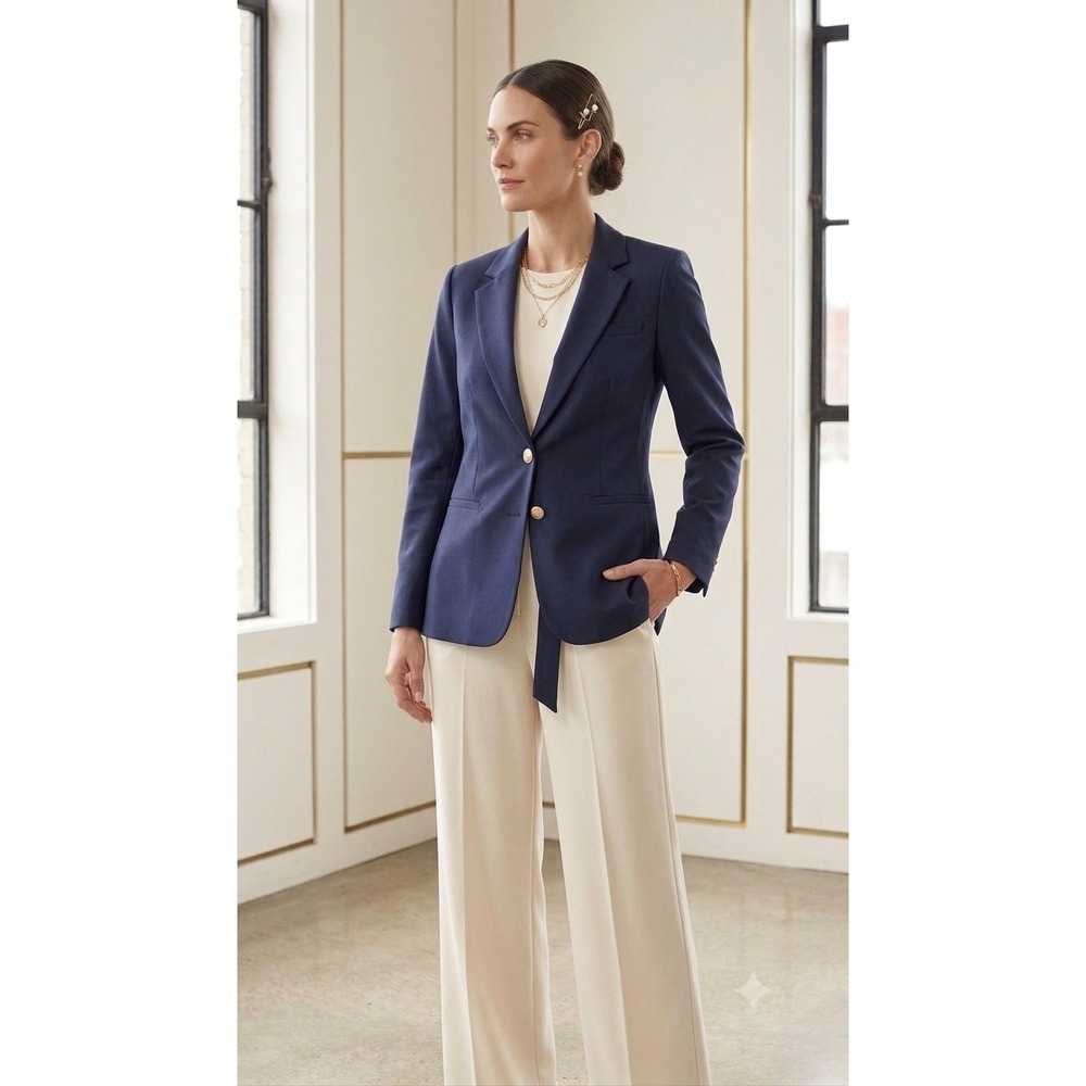 41 Hawthorn Womens Navy Ponte Scuba Blazer Gold Crest Button Jacket Medium NEW